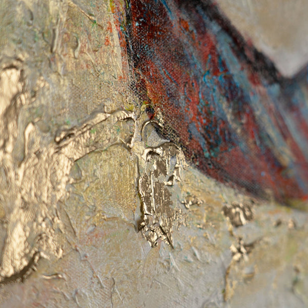 The painting "Silent Presence" is a vertical abstraction with figures of faces