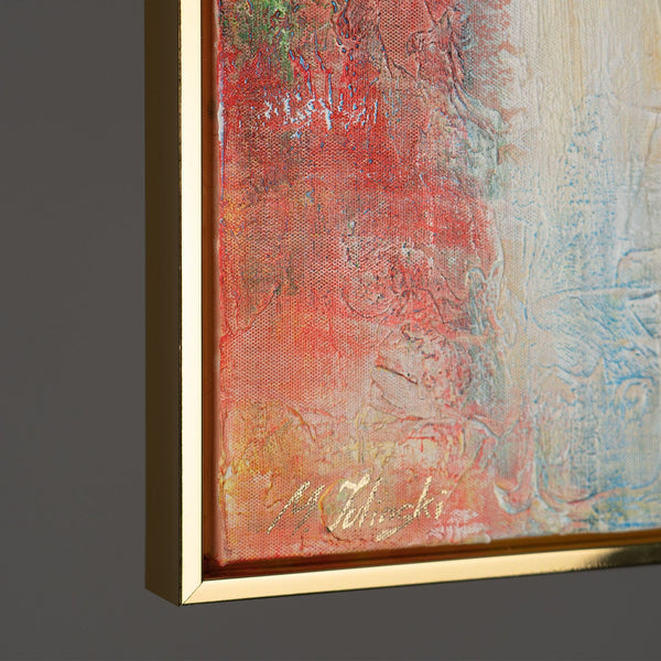 The painting "Silent Presence" is a vertical abstraction with figures of faces
