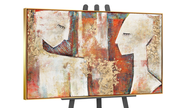 The painting "Silent Presence" is a vertical abstraction with figures of faces