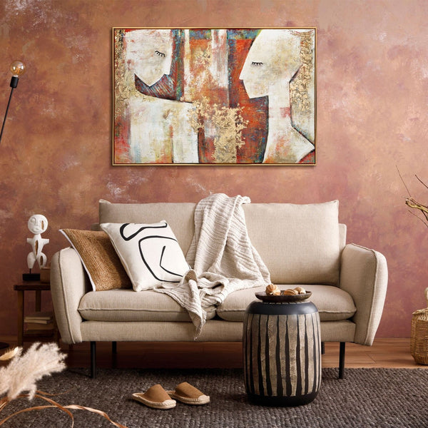 The painting "Silent Presence" is a vertical abstraction with figures of faces