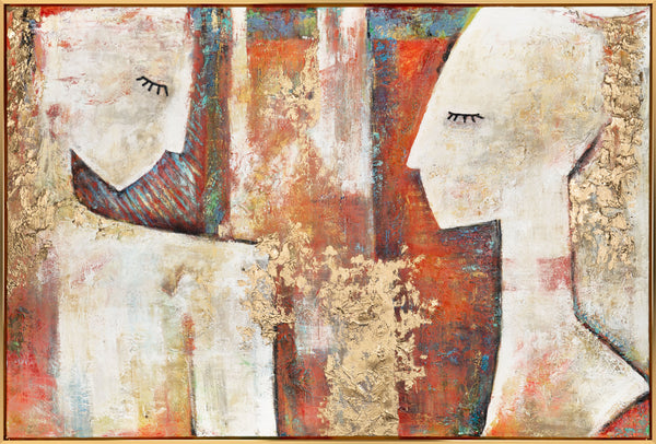 The painting "Silent Presence" is a vertical abstraction with figures of faces