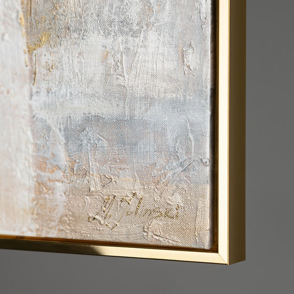 The painting "Silent Dialogue" is a horizontal abstraction with profiles of faces