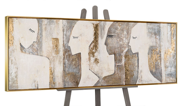 The painting "Silent Dialogue" is a horizontal abstraction with profiles of faces