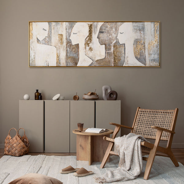 The painting "Silent Dialogue" is a horizontal abstraction with profiles of faces