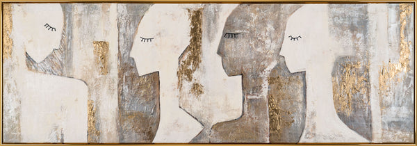 The painting "Silent Dialogue" is a horizontal abstraction with profiles of faces