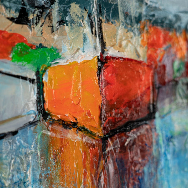 The painting "The Calm of the Harbor" is a horizontal sea scene with bright colors