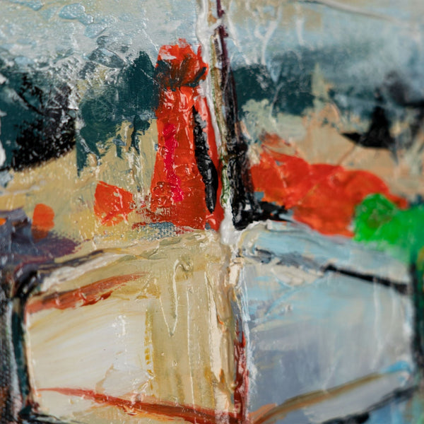 The painting "The Calm of the Harbor" is a horizontal sea scene with bright colors