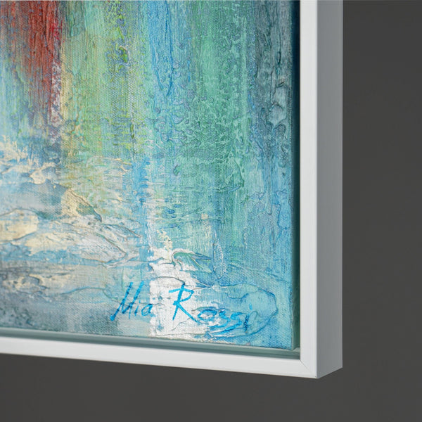 The painting "The Calm of the Harbor" is a horizontal sea scene with bright colors