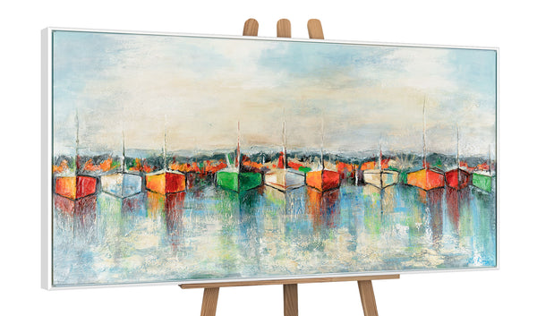 The painting "The Calm of the Harbor" is a horizontal sea scene with bright colors