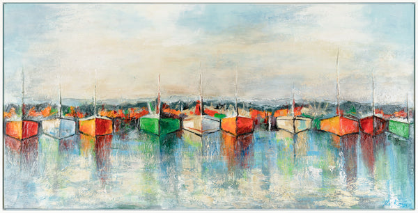 The painting "The Calm of the Harbor" is a horizontal sea scene with bright colors