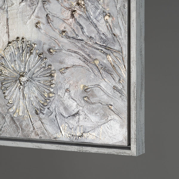 The painting "Dance of Dandelions" is a horizontal abstraction in light colors
