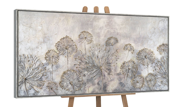 The painting "Dance of Dandelions" is a horizontal abstraction in light colors