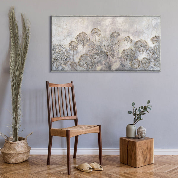 The painting "Dance of Dandelions" is a horizontal abstraction in light colors