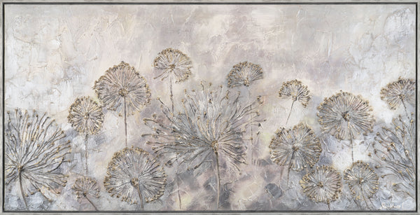 The painting "Dance of Dandelions" is a horizontal abstraction in light colors