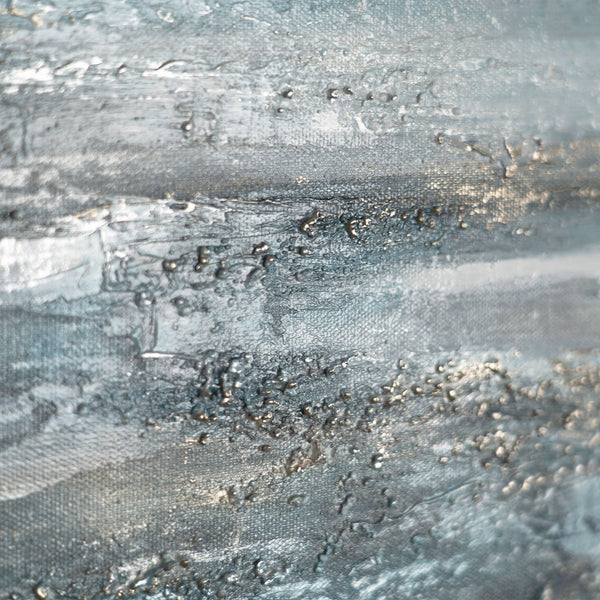 The painting "Breath of the Waves" is a horizontal abstraction in a cold marine palette