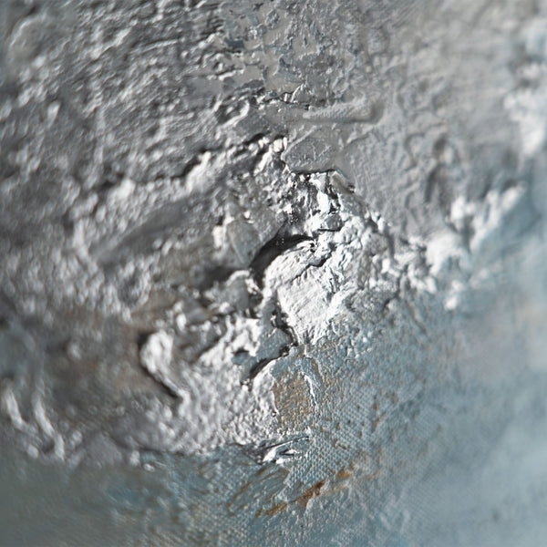 The painting "Breath of the Waves" is a horizontal abstraction in a cold marine palette