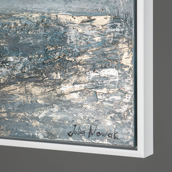 The painting "Breath of the Waves" is a horizontal abstraction in a cold marine palette