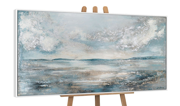 The painting "Breath of the Waves" is a horizontal abstraction in a cold marine palette