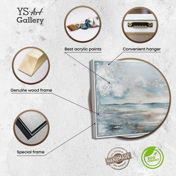 The painting "Breath of the Waves" is a horizontal abstraction in a cold marine palette