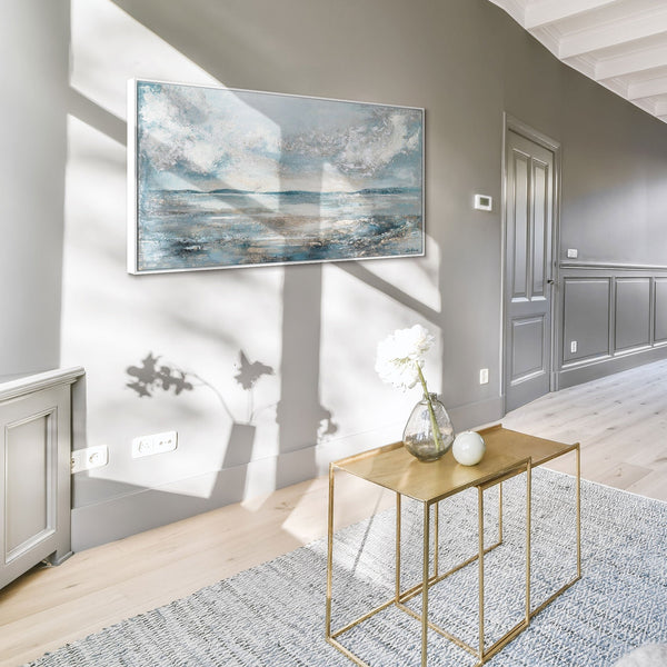 The painting "Breath of the Waves" is a horizontal abstraction in a cold marine palette