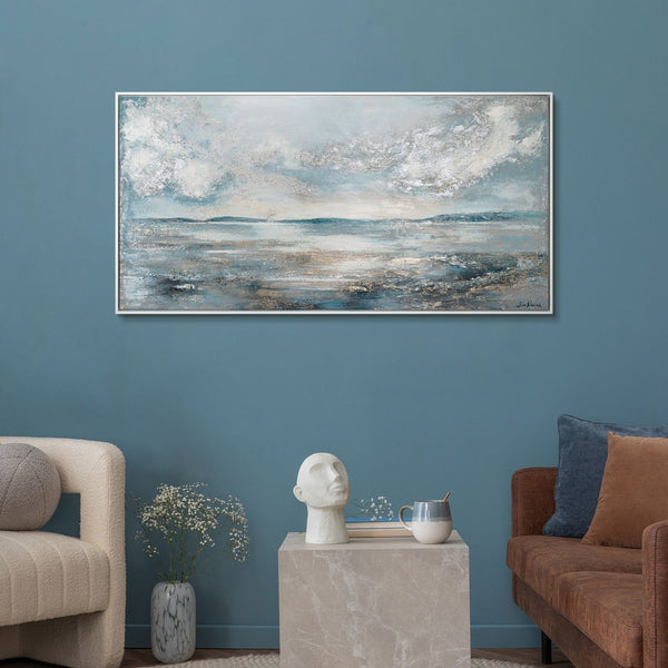 The painting "Breath of the Waves" is a horizontal abstraction in a cold marine palette