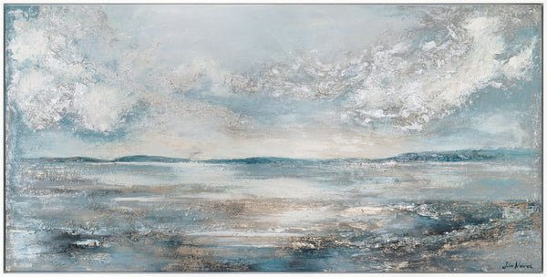 The painting "Breath of the Waves" is a horizontal abstraction in a cold marine palette