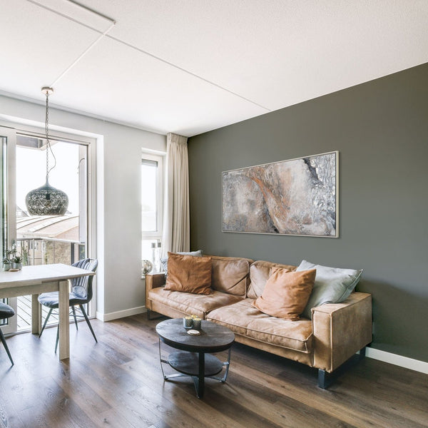 The painting "Breath of the Earth" is a horizontal abstraction in a stone palette