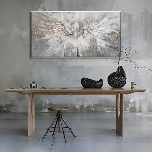 The painting "The Radiance of Two" is a horizontal abstraction with angelic silhouettes