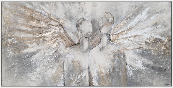 The painting "The Radiance of Two" is a horizontal abstraction with angelic silhouettes