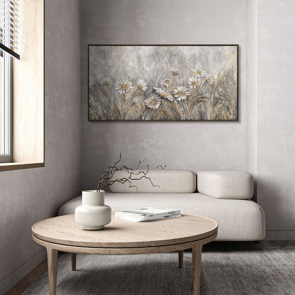 The painting "Silver Air of Daisies" is an exquisite botanical tranquility