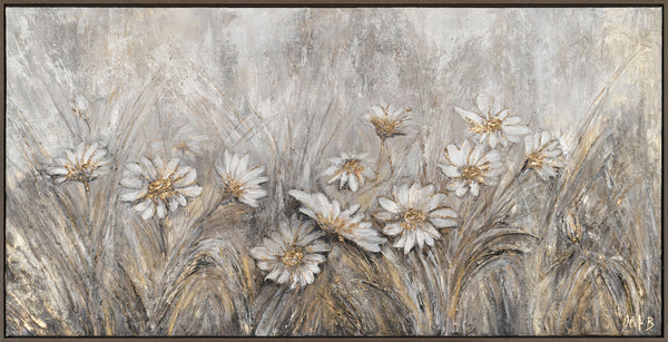 The painting "Silver Air of Daisies" is an exquisite botanical tranquility