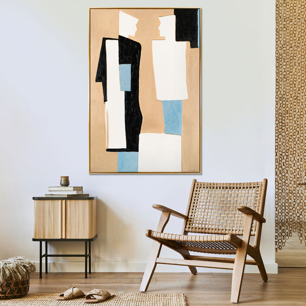 The painting "Silent Dialogue" is a geometric modern abstraction
