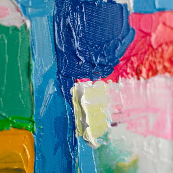 The painting "Fragments of a City Day" is a dynamic colorful canvas