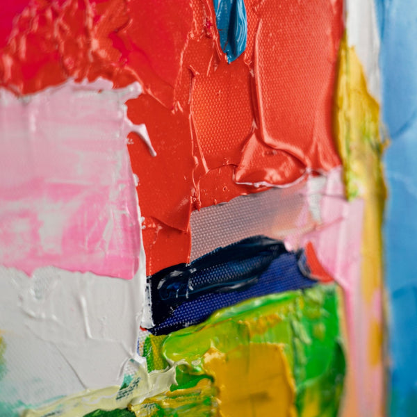The painting "Fragments of a City Day" is a dynamic colorful canvas