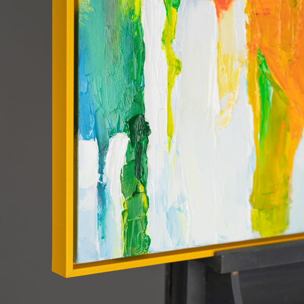 The painting "Fragments of a City Day" is a dynamic colorful canvas