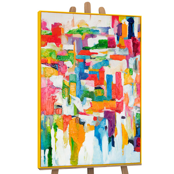 The painting "Fragments of a City Day" is a dynamic colorful canvas