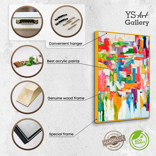 The painting "Fragments of a City Day" is a dynamic colorful canvas