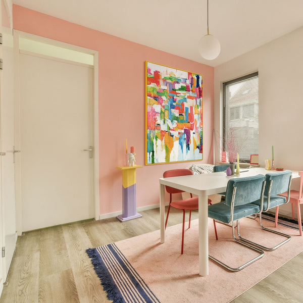 The painting "Fragments of a City Day" is a dynamic colorful canvas
