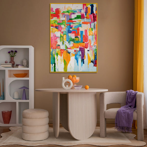The painting "Fragments of a City Day" is a dynamic colorful canvas