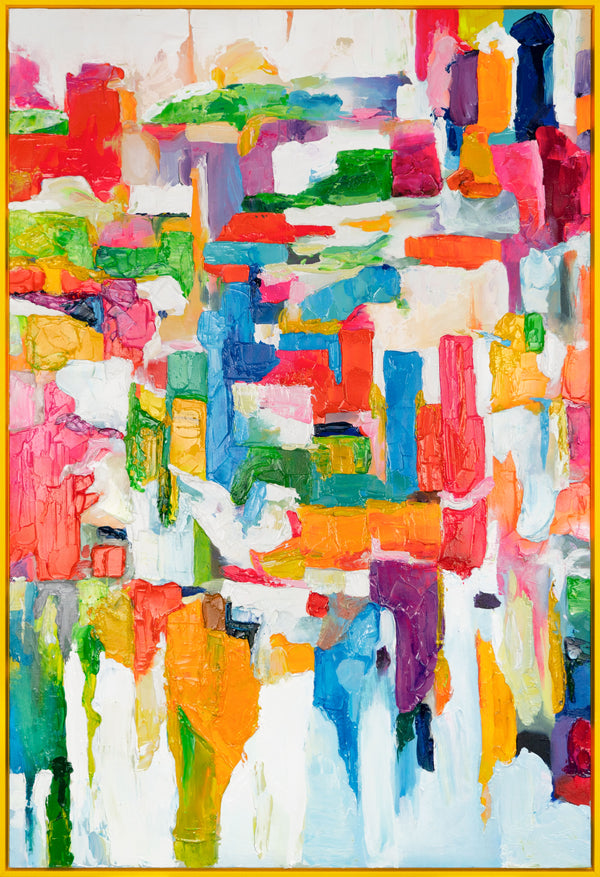 The painting "Fragments of a City Day" is a dynamic colorful canvas
