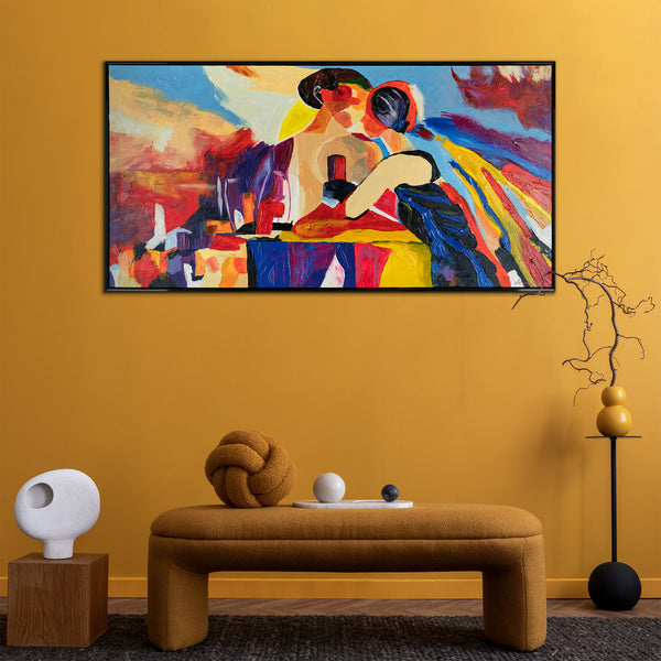 The painting "A Moment Between Us" is an abstract scene with the tension of the moment