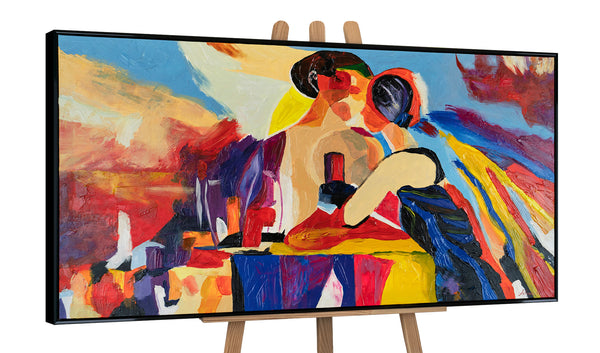The painting "A Moment Between Us" is an abstract scene with the tension of the moment