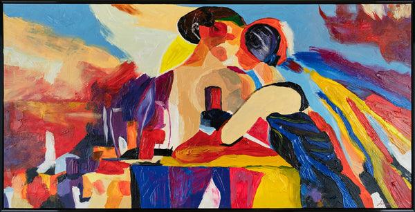 The painting "A Moment Between Us" is an abstract scene with the tension of the moment