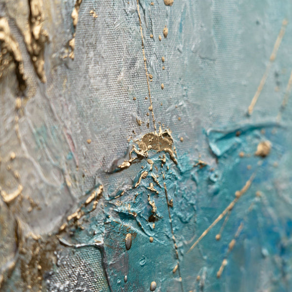 The painting "Breath of the Canyon" is a vertical abstraction with mineral shades
