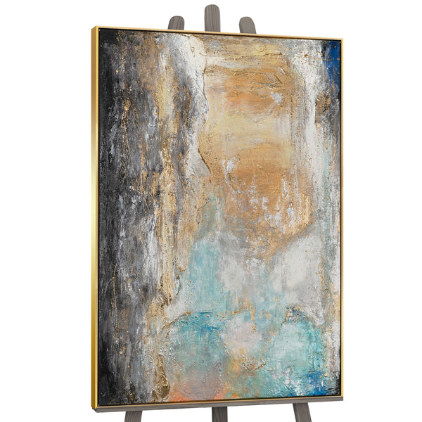 The painting "Breath of the Canyon" is a vertical abstraction with mineral shades