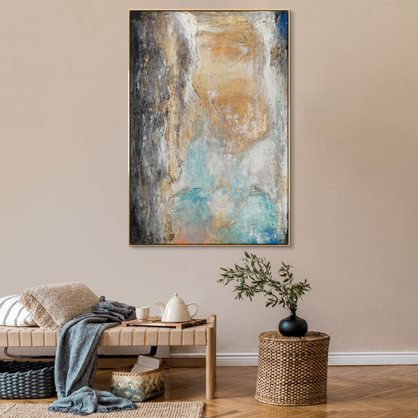 The painting "Breath of the Canyon" is a vertical abstraction with mineral shades