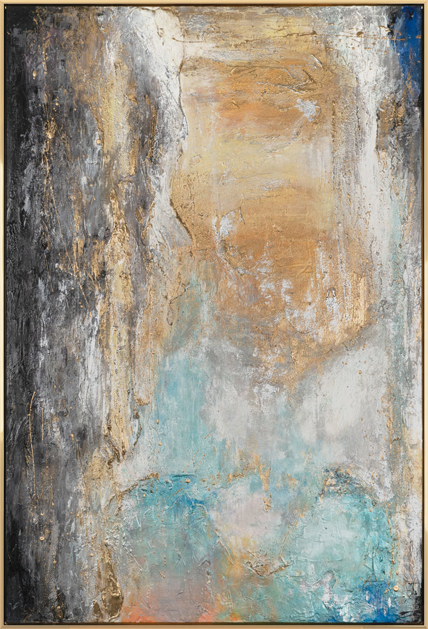 The painting "Breath of the Canyon" is a vertical abstraction with mineral shades
