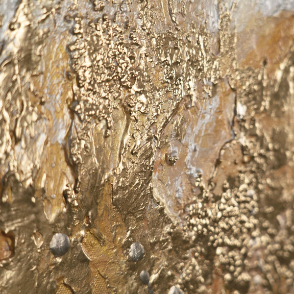 The painting "Warm Fault" is an abstraction in the colors of fire and stone