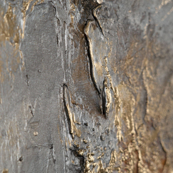 The painting "Warm Fault" is an abstraction in the colors of fire and stone