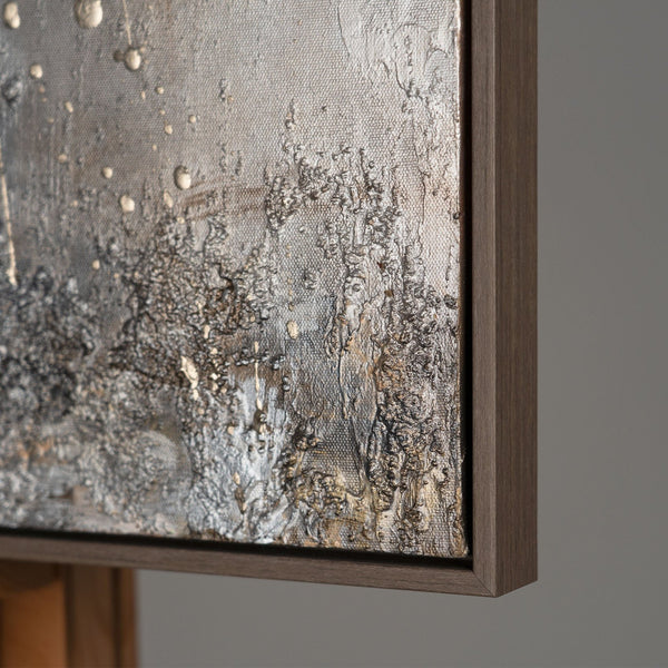 The painting "Warm Fault" is an abstraction in the colors of fire and stone
